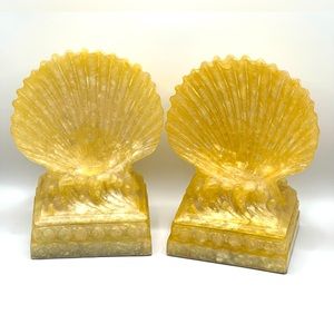 Set of 2 Shell Bookends Decorative Cream/Yellow Color Nautical Home Decor 8 in